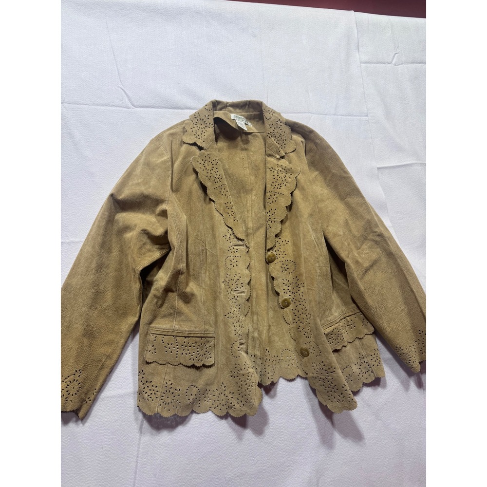 Coldwater Creek Tan Suede Leather Jacket Eyelet Scalloped Blazer Womens L Brown